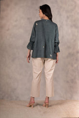 Forest Green Pin Tuck Embroidered Top With Pants In Linen - Two-Piece Set - Mizyana