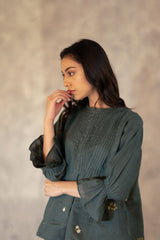 Forest Green Pin Tuck Embroidered Top With Pants In Linen - Two-Piece Set - Mizyana
