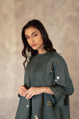 Forest Green Pin Tuck Embroidered Top With Pants In Linen - Two-Piece Set - Mizyana
