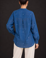 Fragments Indigo Jamdani Oversized Cotton Shirt with Band Collar - Shirt - Mizyana