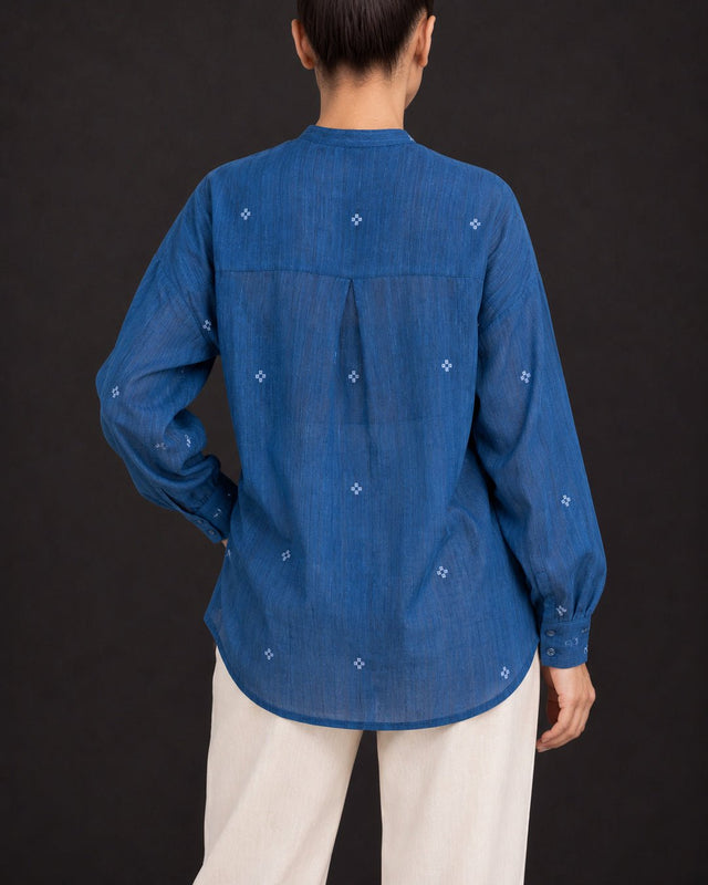 Fragments Indigo Jamdani Oversized Cotton Shirt with Band Collar - Shirt - Mizyana