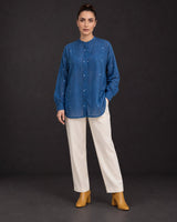 Fragments Indigo Jamdani Oversized Cotton Shirt with Band Collar - Shirt - Mizyana