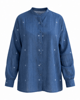 Fragments Indigo Jamdani Oversized Cotton Shirt with Band Collar - Shirt - Mizyana