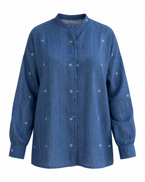 Fragments Indigo Jamdani Oversized Cotton Shirt with Band Collar - Shirt - Mizyana
