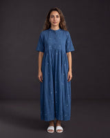 Fragments Jamdani Indigo Drop-Shoulder Cotton Dress - Dress - Mizyana