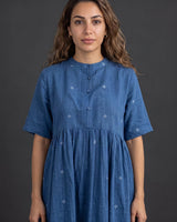 Fragments Jamdani Indigo Drop-Shoulder Cotton Dress - Dress - Mizyana