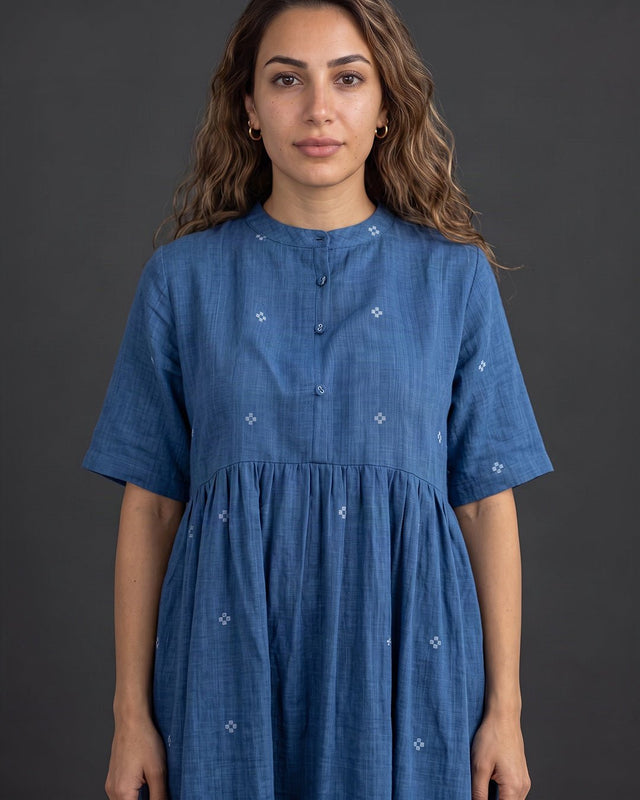 Fragments Jamdani Indigo Drop-Shoulder Cotton Dress - Dress - Mizyana