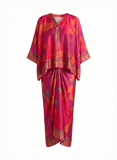 Fuchsia Abstract Floral Batwing Top and Draped Skirt Co-ord Set - Co-ord Set - Mizyana