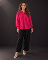 Fuchsia Handwoven Mulberry Silk Boxy Shirt with Concealed Placket - Shirt - Mizyana