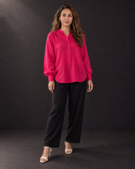 Fuchsia Handwoven Mulberry Silk Boxy Shirt with Concealed Placket - Shirt - Mizyana