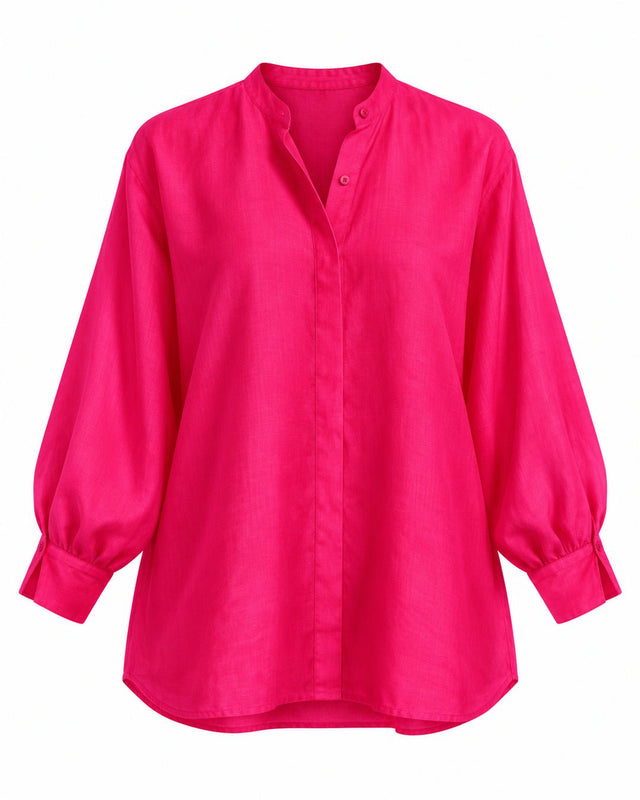 Fuchsia Handwoven Mulberry Silk Boxy Shirt with Concealed Placket - Shirt - Mizyana