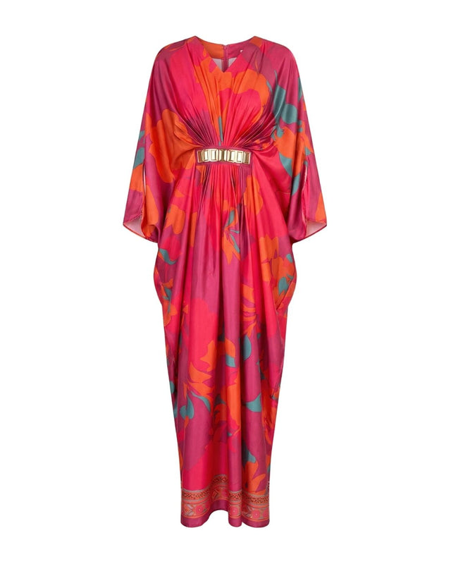 Fuchsia Pink Floral Print Kaftan with Mirror Belt - Kaftan - Mizyana