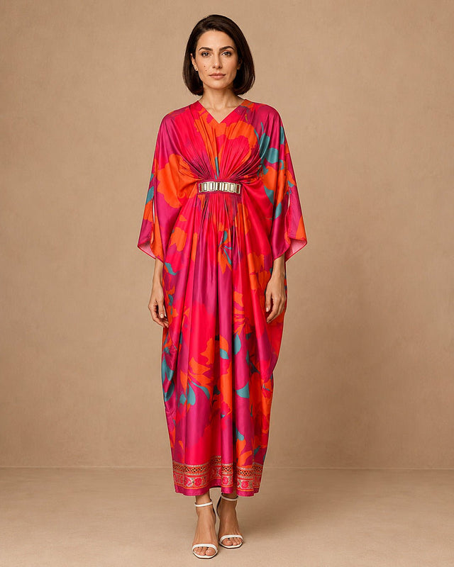 Fuchsia Printed Drape Kaftan - Kaftan - Mizyana