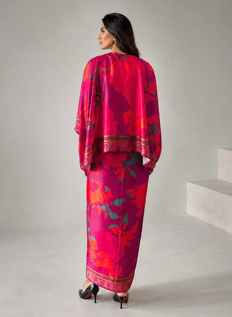 Fuchsia Co-ord Set back view showing the batwing top and printed skirt