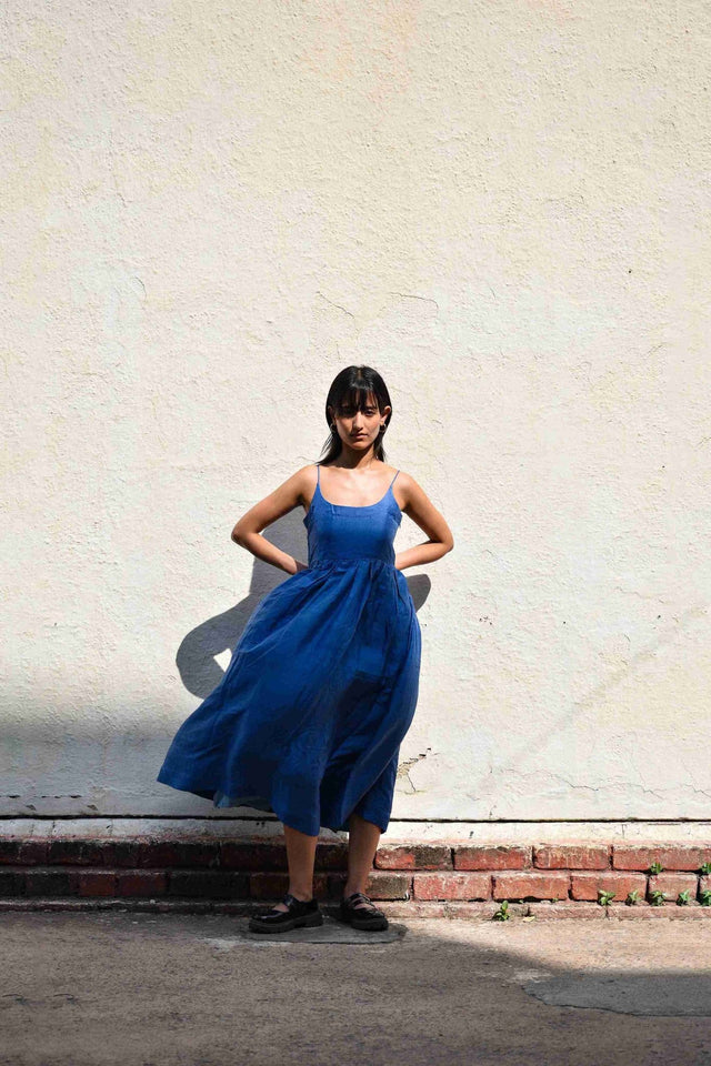 Gathered Silk Dress-Medium indigo - Dress - Mizyana