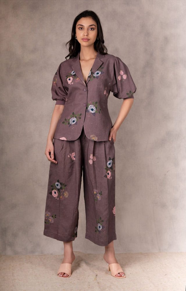 Grape Berry Eden Print Jacket In Linen With Hand Embroidery Details - Jacket - Mizyana
