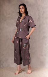 Grape Berry Eden Print Jacket In Linen With Hand Embroidery Details - Jacket - Mizyana