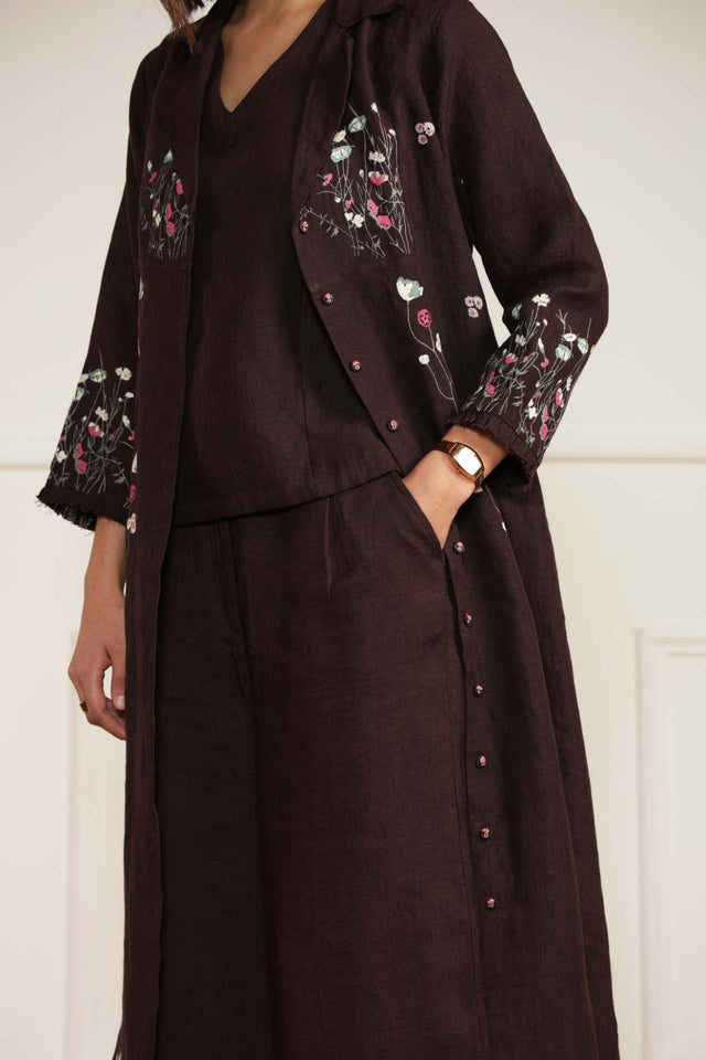 Grape Linen Printed Jacket With Flared Pants and Top in Linen - Two-Piece Set - Mizyana