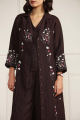 Grape Linen Printed Jacket With Flared Pants and Top in Linen - Two-Piece Set - Mizyana