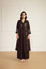 Grape Linen Printed Jacket With Flared Pants and Top in Linen - Two-Piece Set - Mizyana