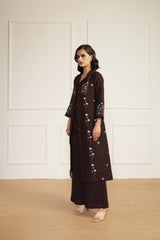Grape Linen Printed Jacket With Flared Pants and Top in Linen - Two-Piece Set - Mizyana