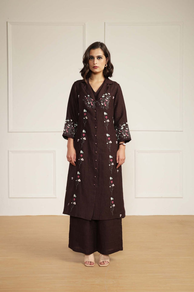 Grape Linen Printed Jacket With Flared Pants and Top in Linen - Two-Piece Set - Mizyana