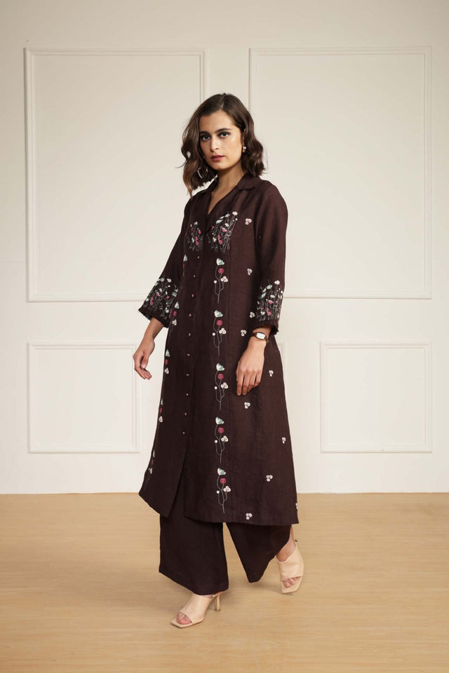 Grape Linen Printed Jacket With Flared Pants and Top in Linen - Two-Piece Set - Mizyana