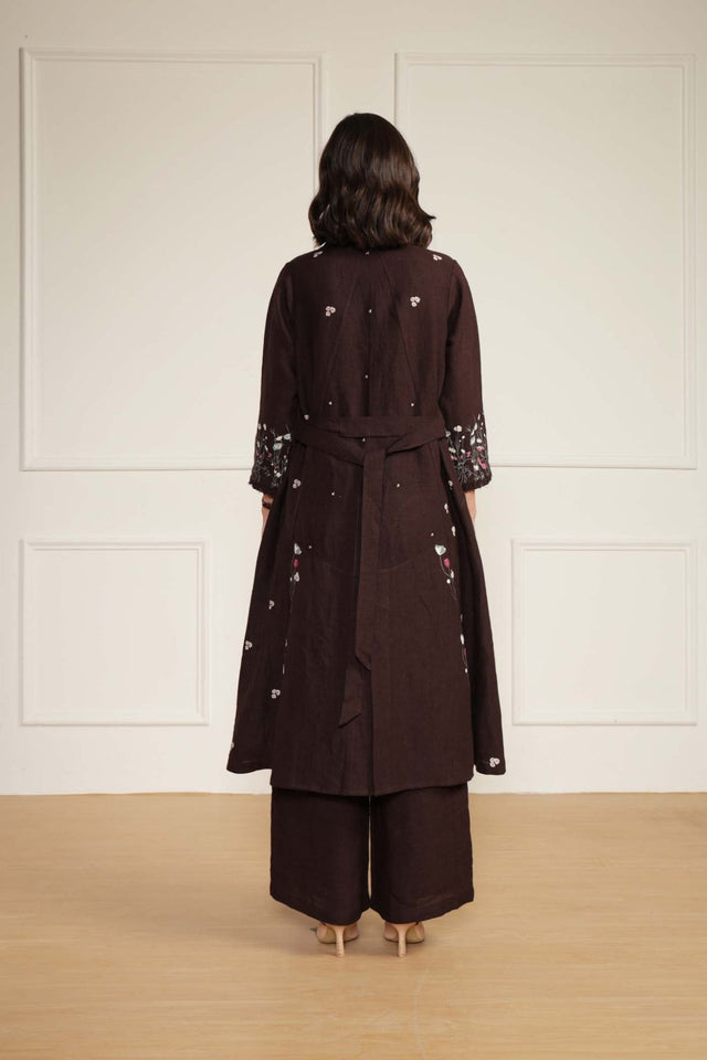 Grape Linen Printed Jacket With Flared Pants and Top in Linen - Two-Piece Set - Mizyana