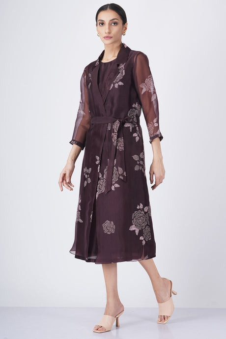Grape rose print organza jacket and solid dress three quarter view while walking