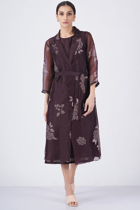 Grape rose print organza jacket with solid dress - Dress - Mizyana
