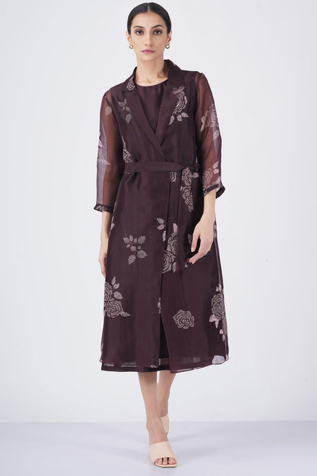 Grape rose print organza jacket with solid dress by ARCVSH, plum silk Chanderi dress with belted jacket, front