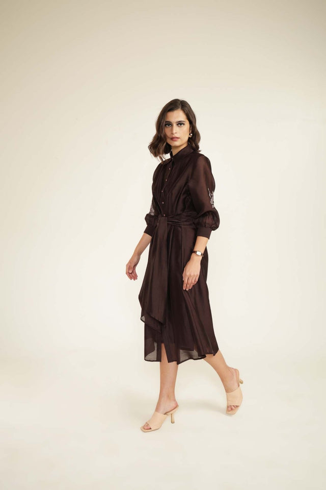Grape Tie Up Dress with Hand Embroidery - Dress - Mizyana