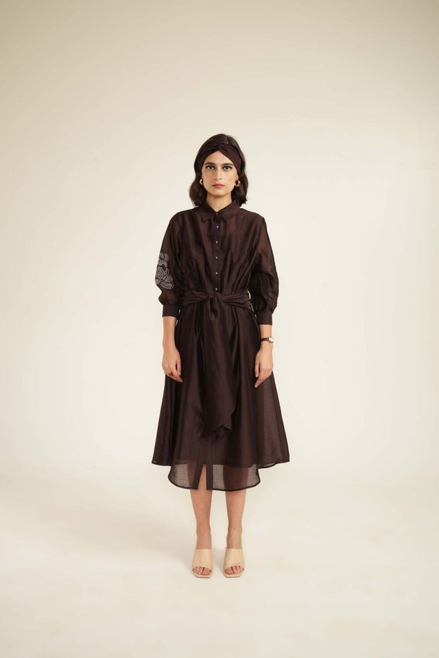 Grape Tie Up Dress with Hand Embroidery - Dress - Mizyana