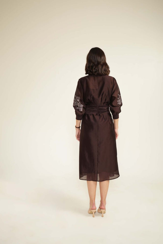Grape Tie Up Dress with Hand Embroidery - Dress - Mizyana