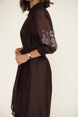 Grape Tie Up Dress with Hand Embroidery - Dress - Mizyana