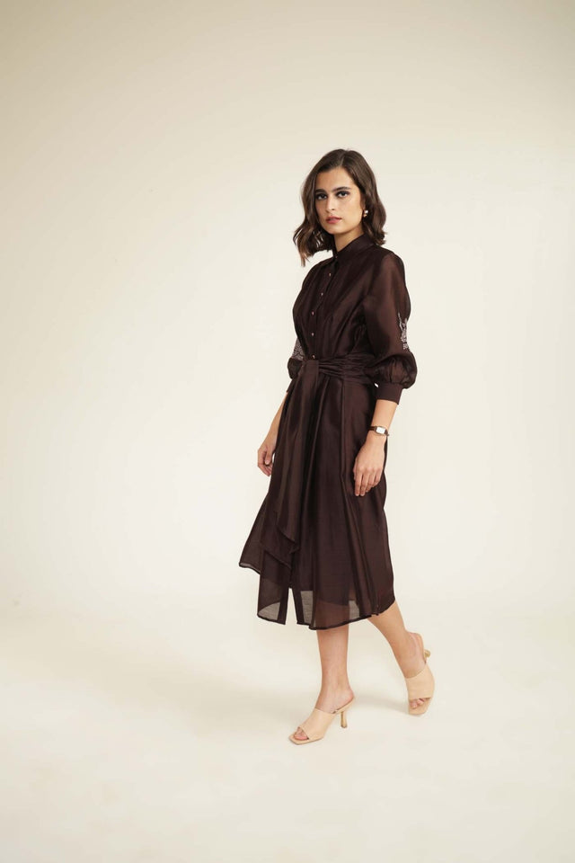 Grape Tie Up Dress with Hand Embroidery - Dress - Mizyana