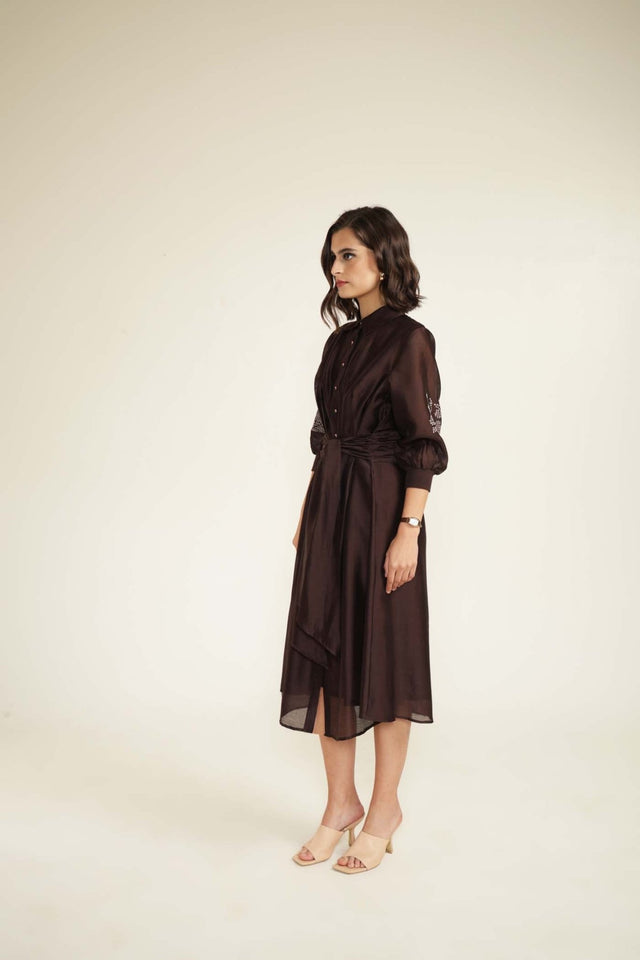 Grape Tie Up Dress with Hand Embroidery - Dress - Mizyana