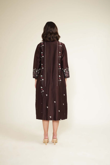 Grape printed jacket and dress back view with scattered floral embroidery