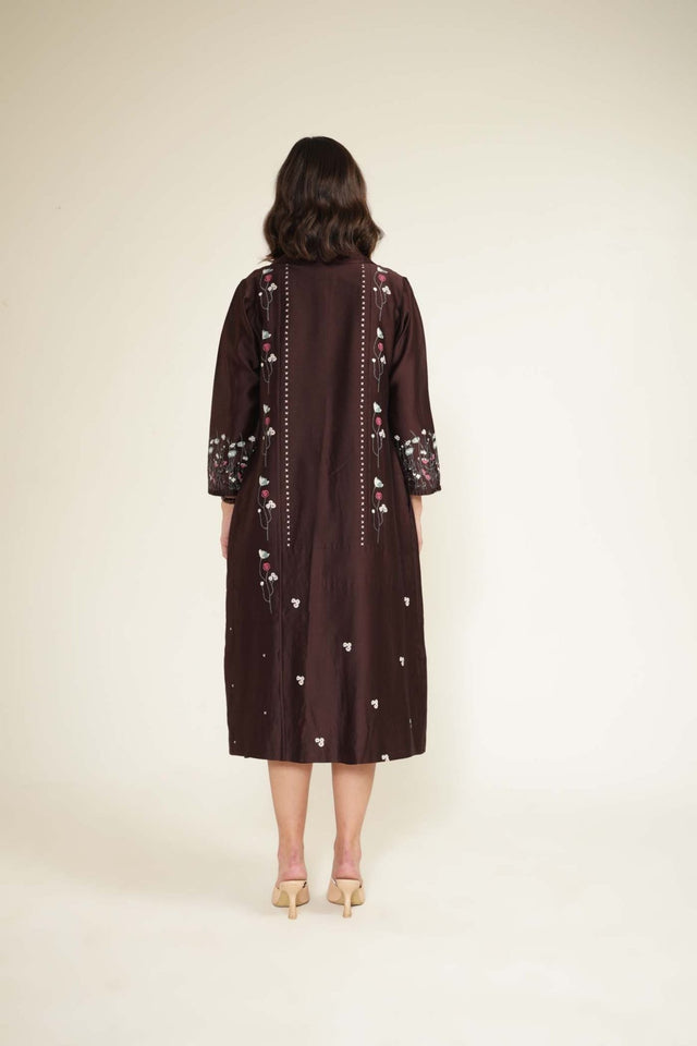 Grape V-Neck Dress in Silk Chanderi and Printed Silk Chanderi Jacket with Embroidery - Dress - Mizyana