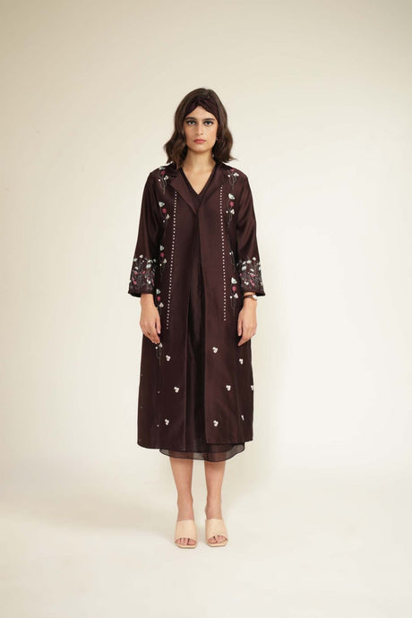 Grape V-neck dress in silk chanderi with printed embroidered jacket from ARCVSH by Pallavi Singh, front view