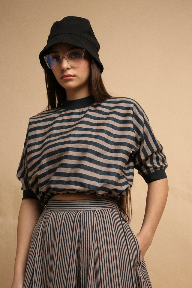 Gray Med Striped New Sphara Crop Top & Skirt Co-Ord Set (2 PCS) - Co-ord Set - Mizyana