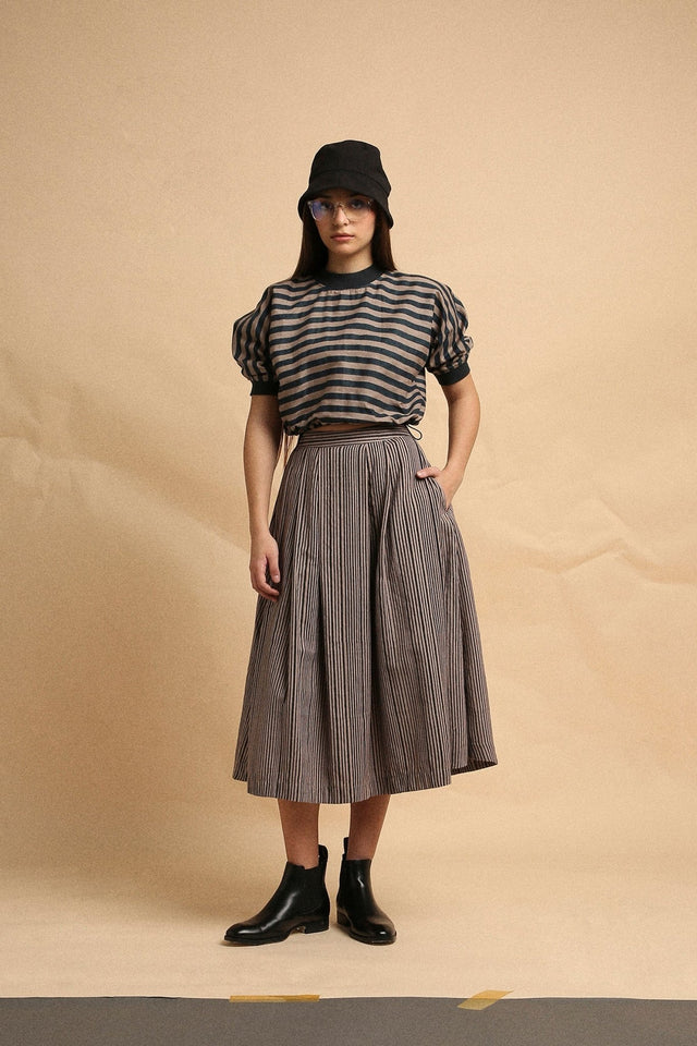 Gray Med Striped New Sphara Crop Top & Skirt Co-Ord Set (2 PCS) - Co-ord Set - Mizyana