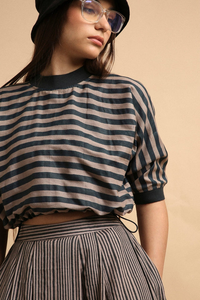 Gray Med Striped New Sphara Crop Top & Skirt Co-Ord Set (2 PCS) - Co-ord Set - Mizyana