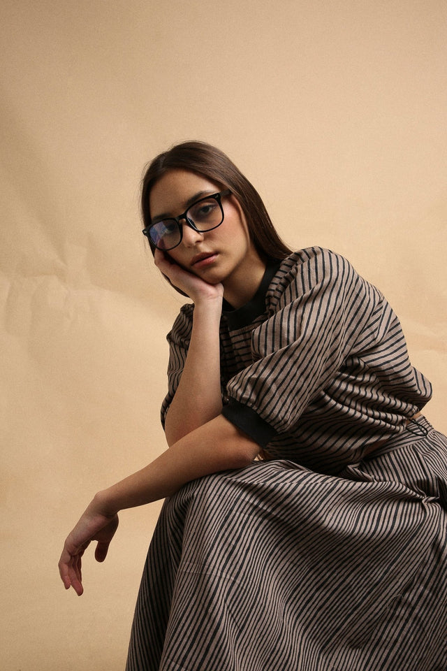 Gray Thin Striped New Sphara Crop Top & Skirt Co-Ord Set (2 PCS) - Co-ord Set - Mizyana