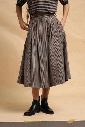 Gray with Narrow Charcoal Striped Box Pleated Skirt - Skirt - Mizyana