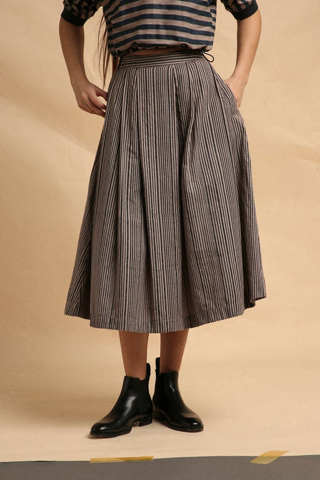 Gray with Narrow Charcoal Striped Box Pleated Skirt - Skirt - Mizyana