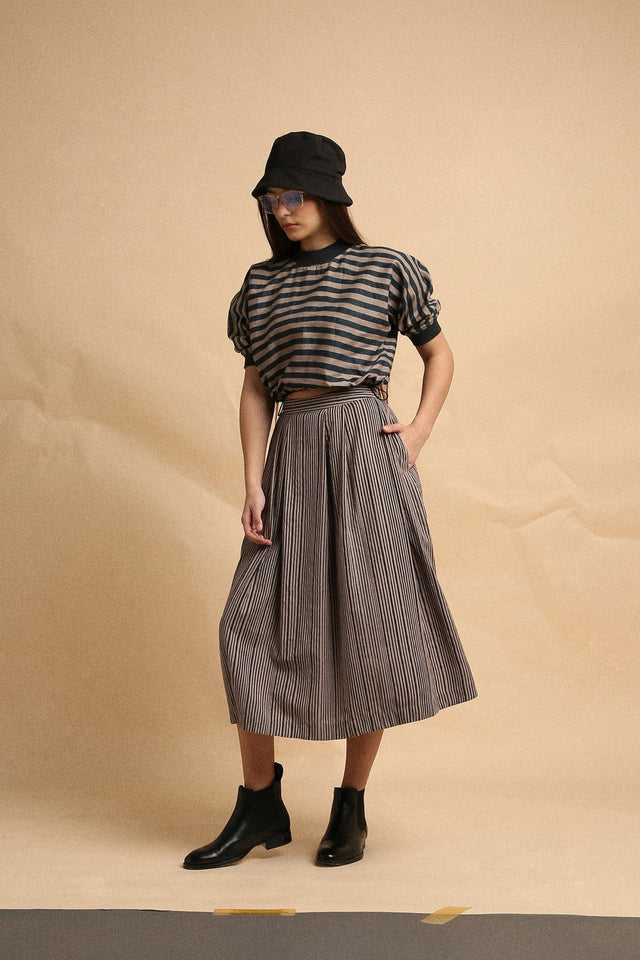 Gray with Narrow Charcoal Striped Box Pleated Skirt - Skirt - Mizyana