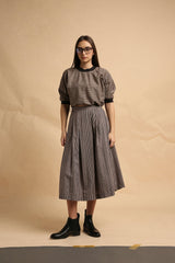 Gray with Narrow Charcoal Striped Box Pleated Skirt - Skirt - Mizyana