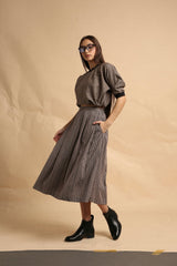 Gray with Narrow Charcoal Striped Box Pleated Skirt - Skirt - Mizyana