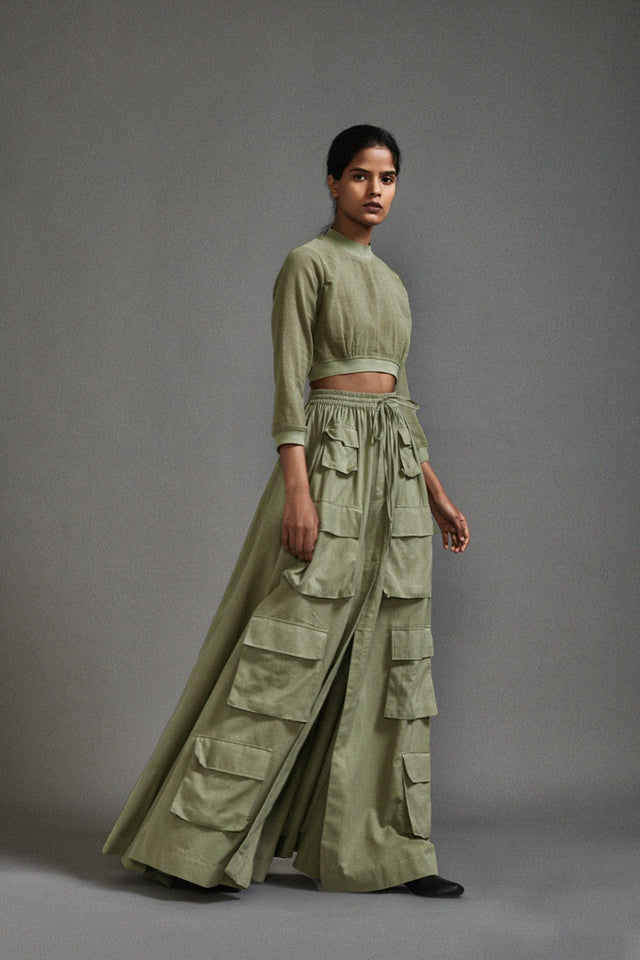 Green Crop Top and Cargo Skirt Set - Two-Piece Set - Mizyana